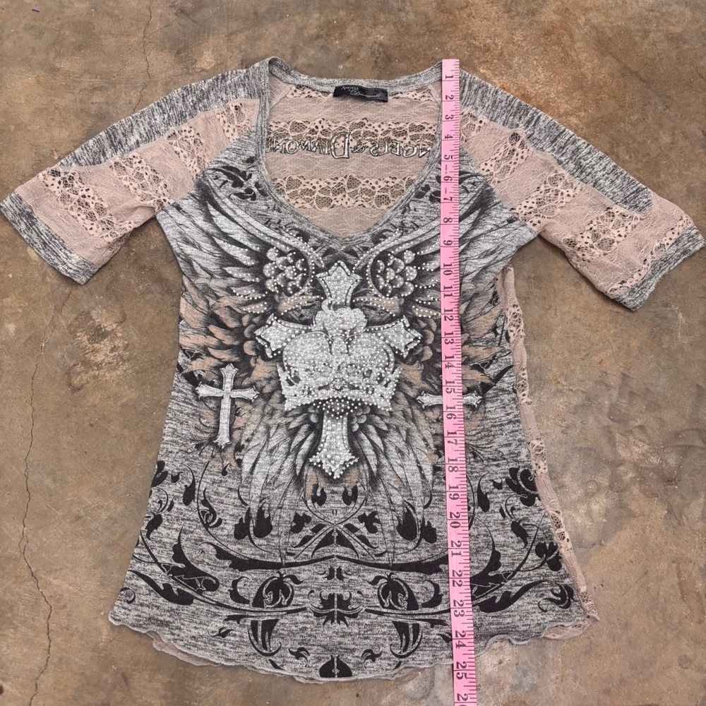 Angels & Diamonds Y2K Winged Cross Rhinestone Top Lace Sleeve Burnout Womens Med - Picture 4 of 9